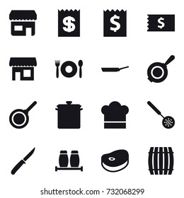 16 vector icon set : shop, receipt, cafe, pan, cook hat, skimmer, knife, barrel