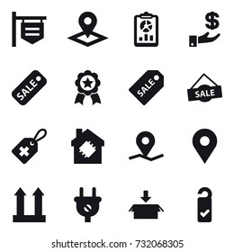 16 vector icon set : shop signboard, pointer, report, investment, sale, medal, sale label, smart house, package, please clean