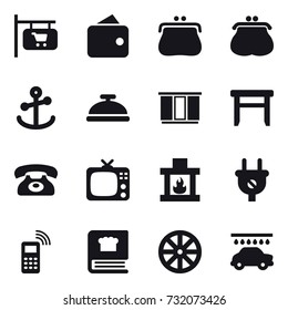 16 vector icon set : shop signboard, wallet, purse, service bell, wardrobe, stool, phone, tv, fireplace, wheel, car wash