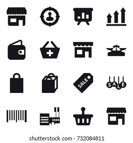 16 vector icon set : shop, target audience, presentation, graph up, wallet, add to basket, scales, shopping bag, sale label, sale, barcode, mall