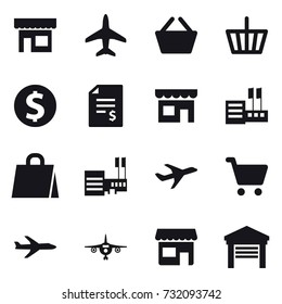 16 vector icon set : shop, plane, basket, dollar coin, account balance, store, shopping bag, mall, garage