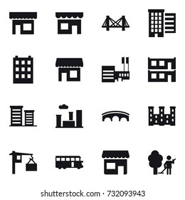 16 vector icon set : shop, bridge, houses, building, mall, modular house, district, city, palace, bus, garden cleaning