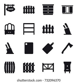 16 vector icon set : shop signboard, fence, chest of drawers, wardrobe, dresser, rack, stands for knives, knife holder, cutting board, axe, barrel, farm fence, hive