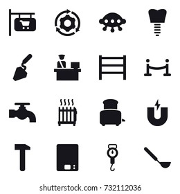 16 vector icon set : shop signboard, around gear, ufo, construction, vip fence, water tap, radiator, toaster, kitchen scales, handle scales, ladle