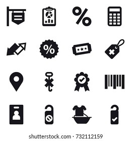 16 vector icon set : shop signboard, report, percent, calculator, up down arrow, ticket, identity card, do not distrub, handle washing, please clean