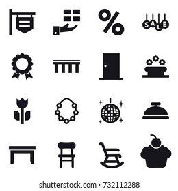 16 vector icon set : shop signboard, gift, percent, sale, medal, bridge, door, flower bed, hawaiian wreath, disco ball, service bell, table, chair, rocking chair