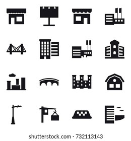 16 vector icon set : shop, billboard, store, bridge, houses, mall, building, city, palace, house, outdoor light, taxi, hotel