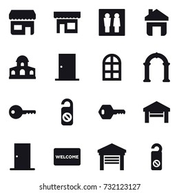 16 vector icon set : shop, wc, home, mansion, door, arch window, arch, key, do not distrub, garage, welcome mat