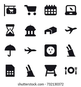 16 vector icon set : shop signboard, cart, calendar, notebook, goverment house, warehouse, plane, power socket, stands for knives, knife holder