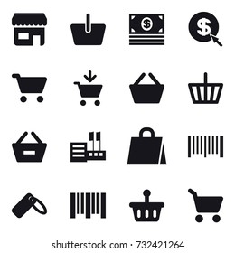 16 vector icon set : shop, basket, money, dollar arrow, cart, add to cart, remove from basket, store, shopping bag, barcode