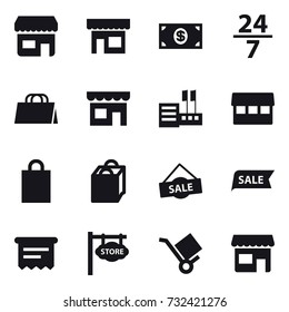16 vector icon set : shop, money, 24/7, shopping bag, store, market, sale, atm receipt, store signboard