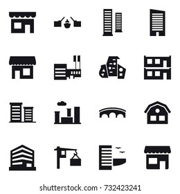 16 vector icon set : shop, drawbridge, skyscrapers, skyscraper, mall, modern architecture, modular house, district, city, bridge, house, hotel