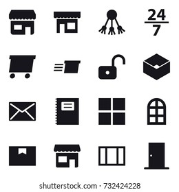16 vector icon set : shop, share, 24/7, delivery, unlock, box, mail, copybook, window, arch window, door