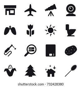 16 vector icon set : shop, plane, telescope, web cam, sun, toilet, kitchen scales, corn, spruce, house cleaning, duster