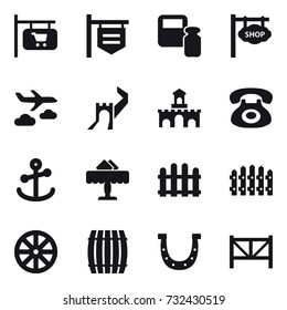 16 vector icon set : shop signboard, scales weight, journey, greate wall, fort, restaurant, fence, wheel, barrel, horseshoe, farm fence