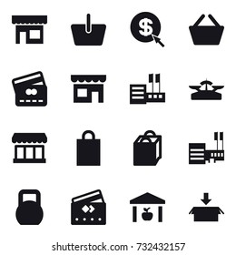 16 vector icon set : shop, basket, dollar arrow, credit card, store, scales, market, shopping bag, mall, warehouse, package