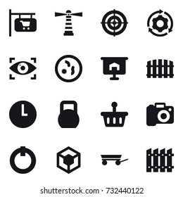 16 vector icon set : shop signboard, lighthouse, target, around gear, eye identity, presentation, fence, camera, trailer