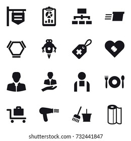 16 vector icon set : shop signboard, report, hierarchy, delivery, hex molecule, jet robot, cafe, baggage trolley, hair dryer, bucket and broom, paper towel