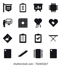 16 vector icon set : shop signboard, clipboard, presentation, chip, cpu, cardio chip, under construction, iron board, cutting board, stairs