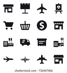 16 vector icon set : shop, billboard, plane, presentation, cart, basket, dollar coin, store, delivery, mall, airplane
