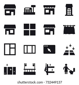 16 vector icon set : shop, cashbox, building, window, curtain, clean floor, clean  window, skyscraper cleaning, toilet cleaning