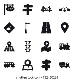 16 vector icon set : shop signboard, singlepost, bridge, drawbridge, under construction, outdoor light, train, bus, map, signpost, sweeper