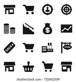 16 vector icon set : shop, cart, target audience, target, coin stack, crisis, money bag, statistic, sale, store, store signboard