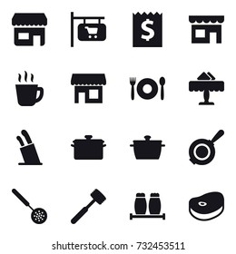 16 vector icon set : shop, shop signboard, receipt, hot drink, cafe, restaurant, stands for knives, pan, skimmer, meat hammer