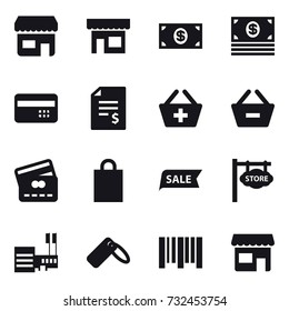 16 vector icon set : shop, money, credit card, account balance, add to basket, remove from basket, shopping bag, sale, store signboard, mall