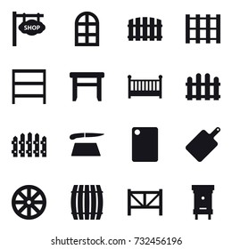 16 vector icon set : shop signboard, arch window, fence, rack, stool, crib, cutting board, wheel, barrel, farm fence, hive