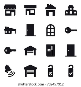 16 vector icon set : shop, home, mansion, house with garage, door, arch window, key, garage, fridge, bell, do not distrub, please clean