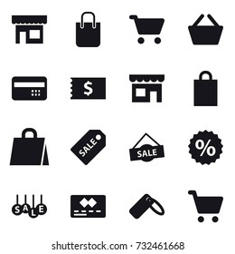 16 vector icon set : shop, shopping bag, cart, basket, credit card, receipt, sale label, sale, percent