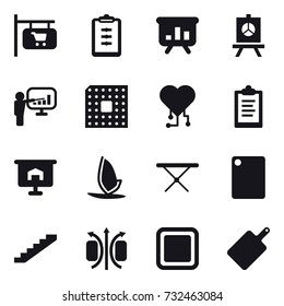 16 vector icon set : shop signboard, clipboard, presentation, cpu, cardio chip, windsurfing, iron board, cutting board, stairs