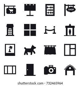 16 vector icon set : shop signboard, billboard, abacus, building, window, vip fence, detector, photo, dog, curtain, door, barn