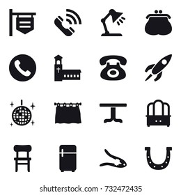 16 vector icon set : shop signboard, call, table lamp, purse, phone, church, disco ball, curtain, table, dresser, chair, fridge, walnut crack, horseshoe