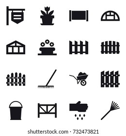 16 vector icon set : shop signboard, flower, fence, greenhouse, flower bed, rake, wheelbarrow, bucket, farm fence, sow