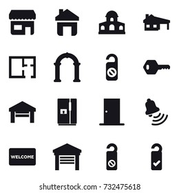 16 vector icon set : shop, home, mansion, house with garage, plan, arch, do not distrub, key, garage, fridge, door, bell, welcome mat, please clean