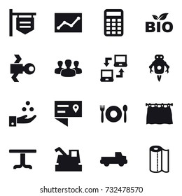 16 vector icon set : shop signboard, statistic, calculator, bio, satellite, group, notebook connect, jet robot, chamical industry, cafe, curtain, table, harvester, pickup, paper towel