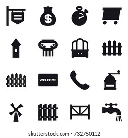 16 vector icon set : shop signboard, money bag, stopwatch, delivery, tower, antique column, dresser, fence, welcome mat, hand mill, windmill, farm fence, water tap