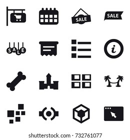16 vector icon set : shop signboard, calendar, sale, atm receipt, list, info, castle, panel house, palm hammock