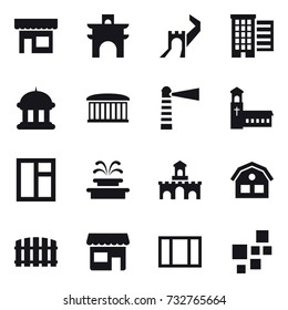 16 vector icon set : shop, arch, greate wall, houses, goverment house, airport building, lighthouse, church, window, fountain, fort, house, fence