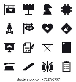 16 vector icon set : shop signboard, billboard, chess horse, chip, hoverboard, under construction, presentation, iron board, cutting board, stairs, clipboard list