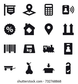 16 vector icon set : shop signboard, pointer, calculator, pass card, percent, smart house, train, identity card, trailer, pear, package, please clean