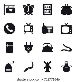 16 vector icon set : shop signboard, alarm clock, abacus, purse, phone, tv, fridge, kettle, walnut crack, hand mill, sickle, windmill, apron