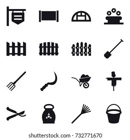 16 vector icon set : shop signboard, fence, greenhouse, flower bed, shovel, fork, sickle, wheelbarrow, scarecrow, pruner, fertilizer, rake, bucket