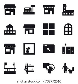 16 vector icon set : shop, cashbox, mansion, cottage, window, arch window, flower in window, clean  window, skyscapers cleaning, skyscrapers cleaning, wiping, toilet cleaning