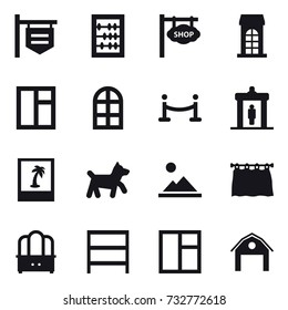 16 vector icon set : shop signboard, abacus, building, window, arch window, vip fence, detector, photo, dog, landscape, curtain, dresser, rack, barn