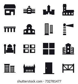 16 vector icon set : shop, castle, mansion, bridge, skyscrapers, lighthouse, minaret, panel house, window, building, district, gothic architecture, door, farm fence