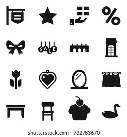 16 vector icon set : shop signboard, star, gift, percent, bow, sale, bridge, building, heart pendant, mirror, curtain, table, chair, goose