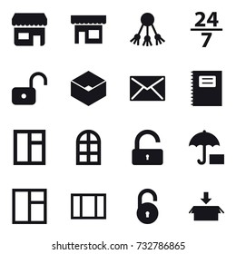 16 vector icon set : shop, share, 24/7, unlock, box, mail, copybook, window, arch window, package
